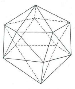 A regular icosahedron drawn as a wire frame, with hidden edges dashed: 12 vertices, 30 edges and triangular faces all round.