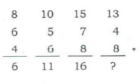 Four columns of three numbers, each ruled off with a result below it: 8, 6, 4 → 6; 10, 5, 6 → 11; 15, 7, 8 → 16; 13, 4, 8 → ?.